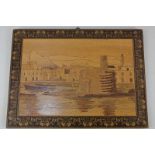 A Tunbridge ware panel inlaid with a Continental harbour scene within a border of flowers, 18cm by