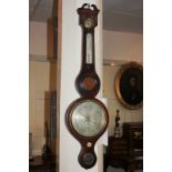 A George III mahogany inlaid wheel barometer and thermometer, 97cm, (a/f)