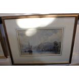 Late 19th / early 20th century school, Continental landscape view of boats before a rocky