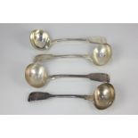 A set of four Victorian fiddle pattern silver sauce ladles, makers Chawner & Co, London 1875, 9oz,