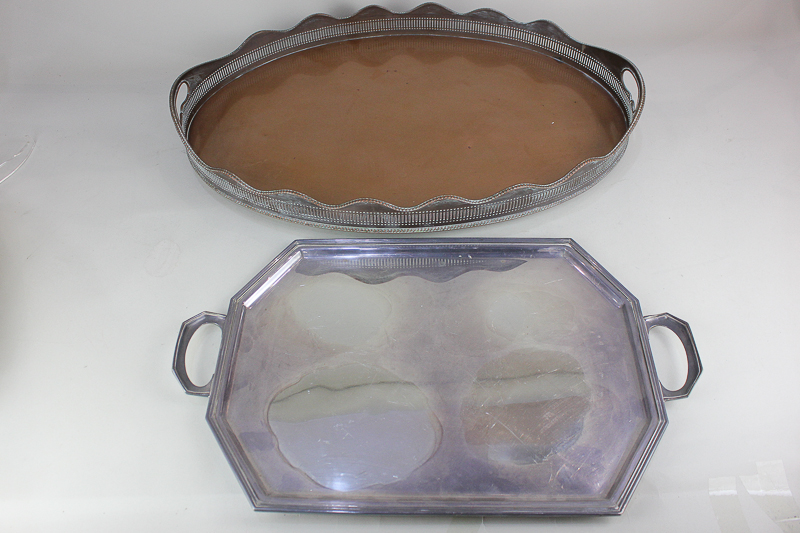 A large galleried silver plated copper tray (silver plate worn), together with a silver plated