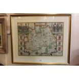 A 17th century John Speed hand coloured map of Surrey, described and divided into Hundreds, dated