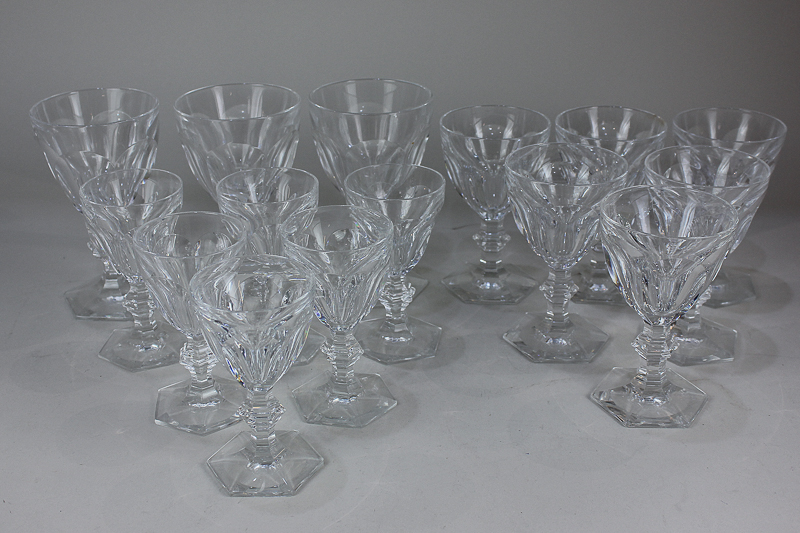 A set of six Baccarat French crystal white wine glasses, six matching red wine glasses, and three