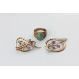 Two 9ct gold and gem set brooches, and a 9ct gold and hardstone ring