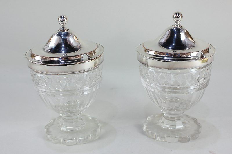 A pair of 19th century silver plate mounted cut glass preserve pots, 20.5cm high