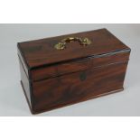 A 19th century mahogany rectangular box with brass handle and hinged lid enclosing three-section