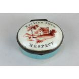 An oval enamel patch box, 'Trifles shew respect', with turquoise base, 4cm