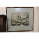 Three framed Chinese paintings on silk, figures in landscapes, to include a man with woman and