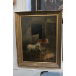 Follower of George Morland, donkeys, cow and pig beside a stable, oil on canvas, unsigned, 40.5cm by
