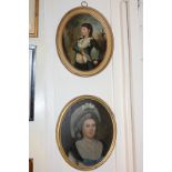 Two 18th century style oval portraits depicting a young man holding a book in a garden setting, 26.