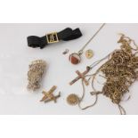 A collection of 9ct gold neck chains and pendants, 46.5g gross, and a black silk initial bracelet