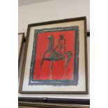 Marino Marini (1901-1980), figure on horseback, on red ground, coloured print, 64cm by 54.5cm