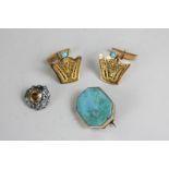 A pair of gold and turquoise cufflinks, 11.1g gross, a turquoise brooch, and a citrine and paste
