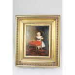 19th century school, portrait of a child looking through a chair with orange ball, oil on board ,