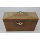 A 19th century mahogany and satinwood inlaid sarcophagus shaped tea caddy, 28.5cm, (a/f - missing
