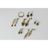 Six various pairs of earrings, and a diamond half hoop ring (stones missing)