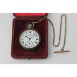 A silver cased open face pocket watch by J W Benson, London 1933, on metal chain, in case
