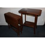 An octagonal two-tier mahogany table, together with an inlaid Sutherland table