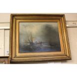 19th century school, maritime view of sailing boats on stormy waters, oil on canvas, unsigned, 33.