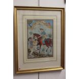 Three framed Middle Eastern illuminated paintings, to include a figure on horseback with