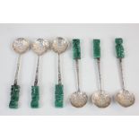 A set of six Mexican white metal spoons, stamped 925 with jadeite handles