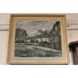 John Knapp-Fisher (Welsh 1931-2015), house amongst trees and fields, 'March Landscape 3', oil on
