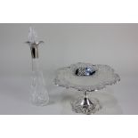 A silver plated tazza with pierced design, together with an Alpacca metal mounted cut glass double