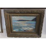 Late 19th / early 20th century school, seascape at sunset, distant coastline, oil on board,