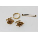 A 22ct gold ring, 4.2g, a pair of 9ct gold and gem cufflinks, and a 9ct bar brooch, 12.2g gross