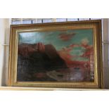 Victorian school, coastal landscape view of boats moored off cliffs at sunset, oil on canvas,