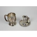 A George III silver taper candlestick with shell handle and snuffer, makers Rebecca Emes & Edward