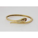A gold, ruby and diamond snake bangle, 24.4g