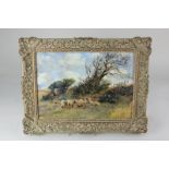 Late 19th / early 20th century school, bucolic landscape view of sheep beside trees, oil on board,