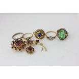 Two gem set rings and four items of costume jewellery