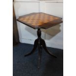 A chess top inlaid mahogany pedestal table, 50cm by 37cm