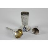 A Victorian silver funnel with filter, marks worn, Birmingham 1898, a smaller silver hip flask