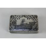 A Russian 84 Zolotniks silver snuff box, the niello design of a figure on rearing horseback, and