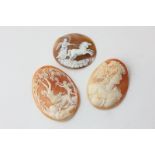 Three 19th century unmounted shell cameos two depicting classical scenes