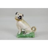 An 18th century Derby model of a seated pug with pale coat and stripe down spine, on green painted