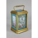 A 19th century French brass cased carriage clock, with Sevres style porcelain panels decorated