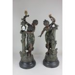 After L & F Moreau, pair of spelter figural table lamps, classical female figures with flower