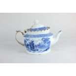 A 19th century pearl ware teapot with blue transfer printed design of ruins (lid a/f)