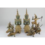 A pair of Thai bronze and gilt Buddhas, together with four similar musicians and an archer (a/f)