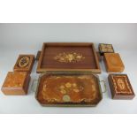 Two Sorrento type inlaid wooden tea trays, together with five similar trinket boxes