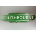 A Southern region railway totem sign for 'Southbourne Halt' in green and white enamel, 92.5cm