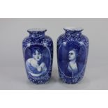 A near pair of Rowland & Marsellus Co Staffordshire pottery vases depicting Mrs Siddons, after Sir