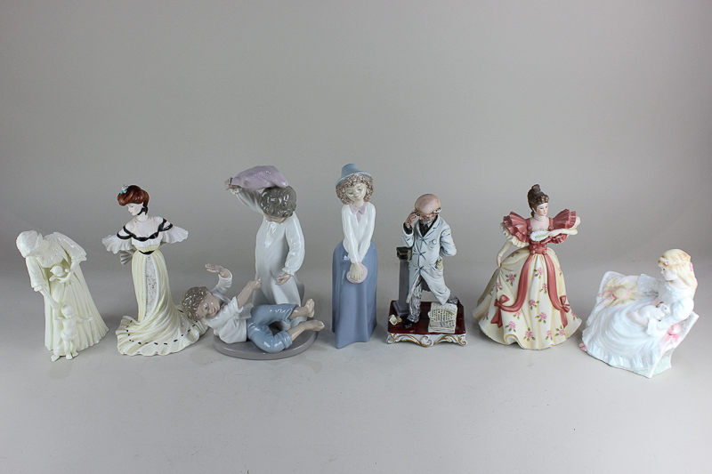 Two Nao porcelain figures, 'Pillow Fight', and a girl, two Coalport figures 'Summer Day Dream'