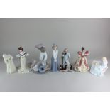 Two Nao porcelain figures, 'Pillow Fight', and a girl, two Coalport figures 'Summer Day Dream'