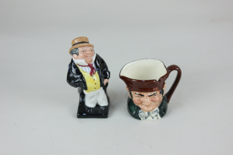 A Royal Doulton Dickens figure of Captain Cuttle, 9.5cm, together with a miniature character jug