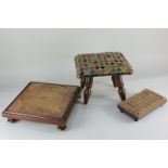 A 19th century rosewood prayer stool with needlework upholstered top, on turned legs, 23cm wide, a